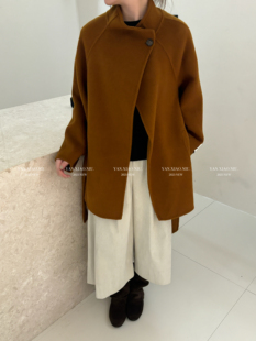 1300韩系百搭宽松显瘦立领系带双面羊毛大衣中长款 百搭毛呢外套女