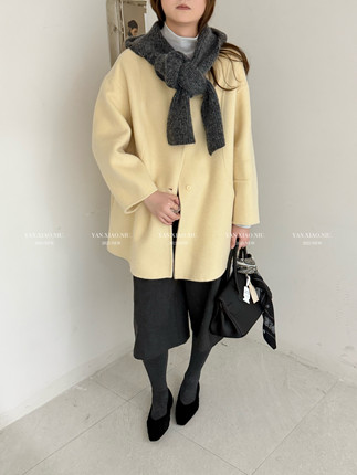 1526冬季韩版气质百搭针织披肩连帽双面羊毛大衣中长款毛呢外套女