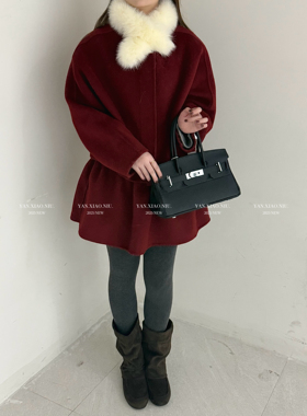 8113冬季韩版气质百搭显瘦真毛领围脖双面羊毛大衣半身裙时尚套装