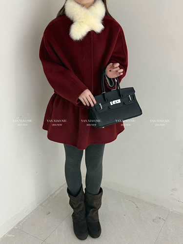 8113冬季韩版气质百搭显瘦真毛领围脖双面羊毛大衣半身裙时尚套装