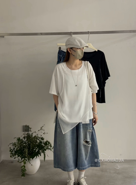 6575夏季新款韩版百搭简约宽松显瘦假两件不规则设计短袖T恤上衣