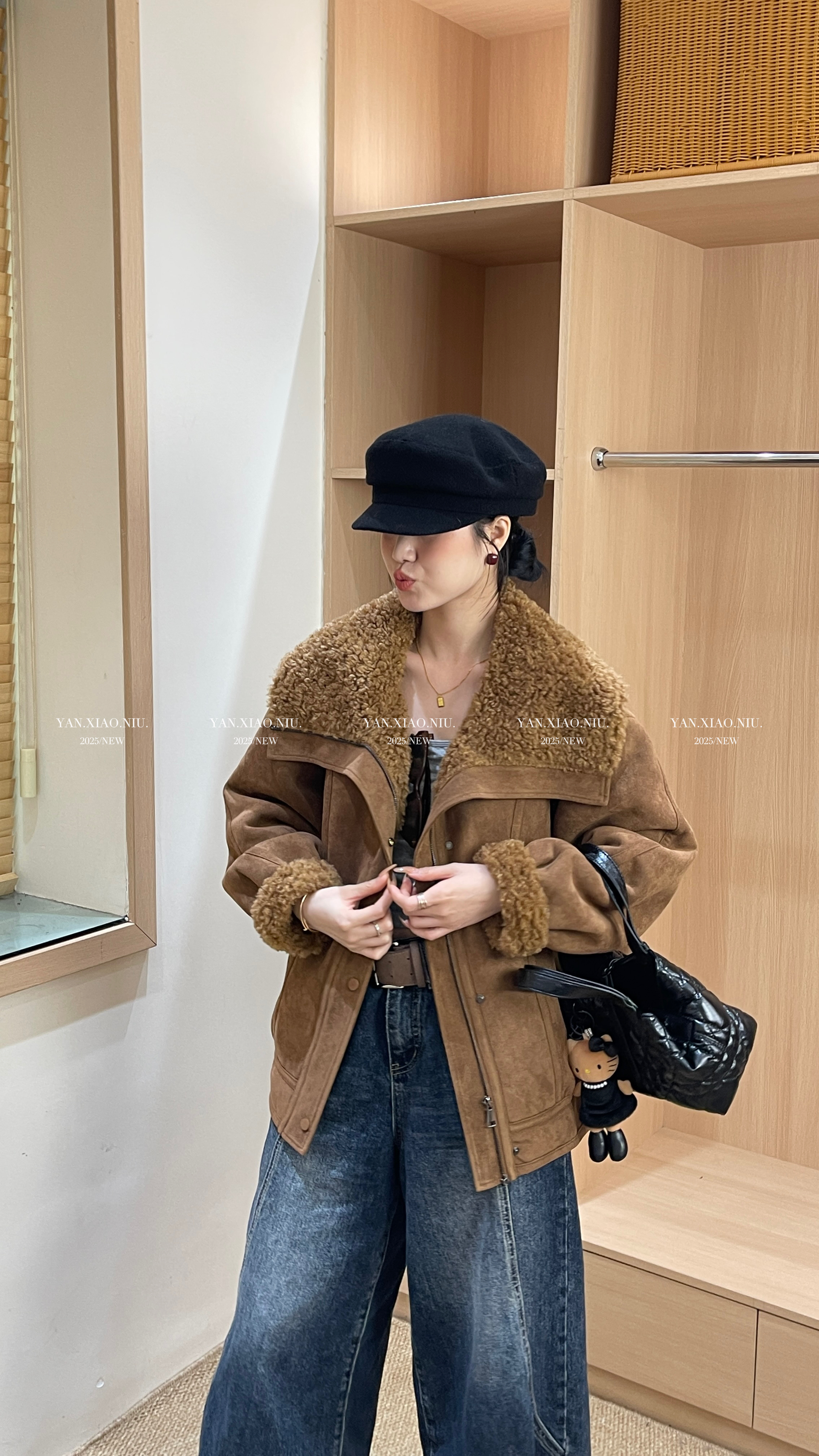 66079冬季新款韩版气质百搭大翻领皮毛一体加厚保暖减龄外套上衣