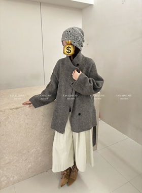 1257韩版百搭休闲宽松显瘦立领双面羊毛大衣中长款系带毛呢外套女