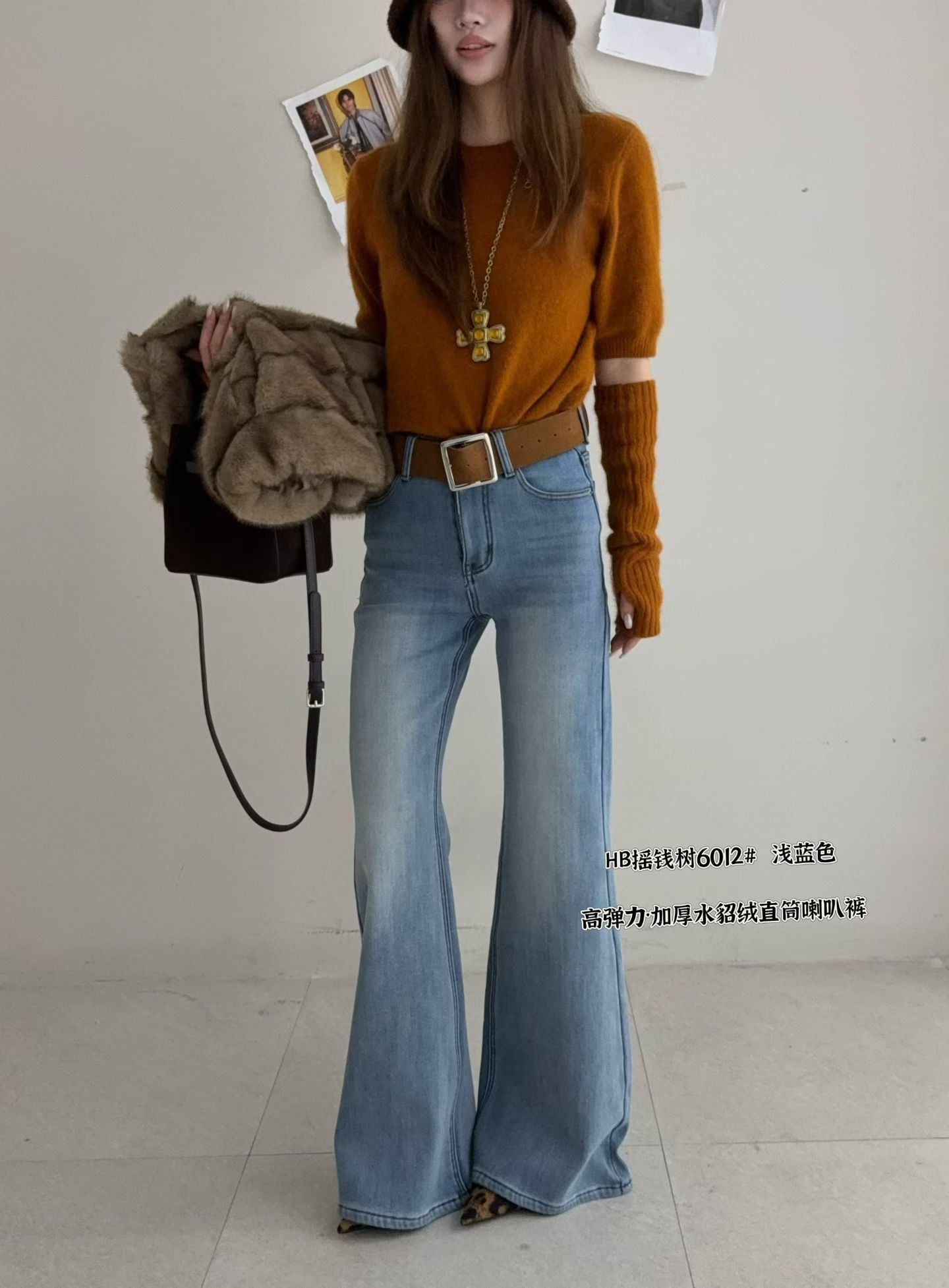 6012冬季新款韩版气质百搭加绒加厚直筒喇叭裤休闲显瘦牛仔裤长裤