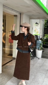 好品质2023秋季法式复古灯芯绒假两件外套气质半裙上衣两件套女潮