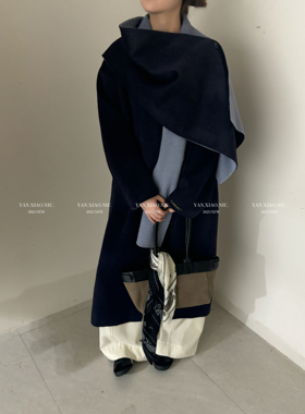 1359冬季新款韩版气质高端围巾拼色双面羊毛大衣长款显瘦毛呢外套