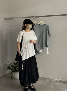 1106夏季新款韩版气质简约百搭宽松显瘦花边不规则短袖T恤上衣女