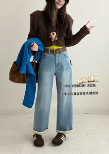 休闲百搭卷边牛仔裤 8020冬季 气质高腰显瘦加绒加厚男友裤 韩版 新款