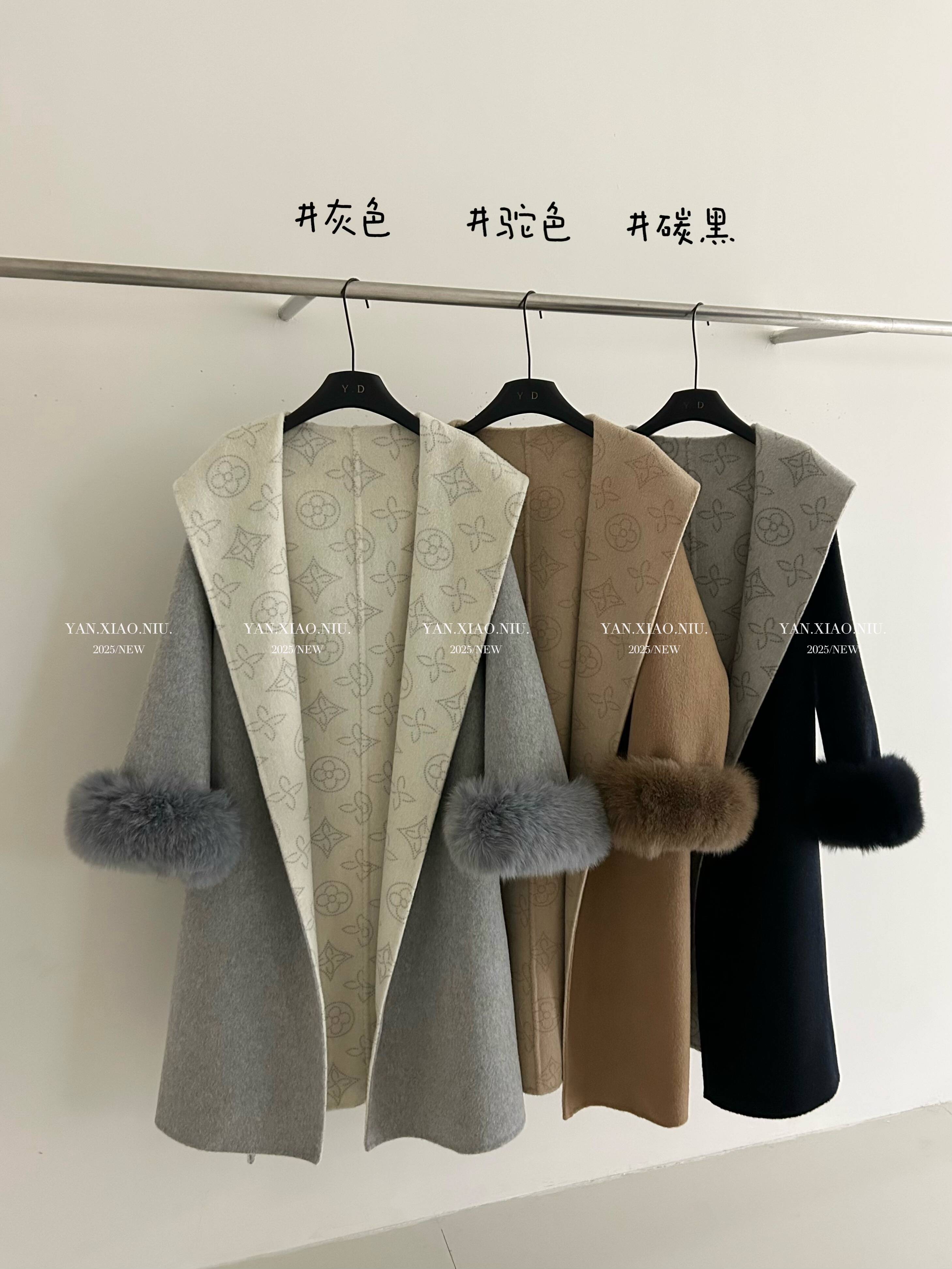 25131-38冬季新款韩系连帽狐狸毛袖双面羊毛大衣女长款毛呢外套潮