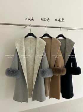 25131-38冬季新款韩系连帽狐狸毛袖双面羊毛大衣女长款毛呢外套潮