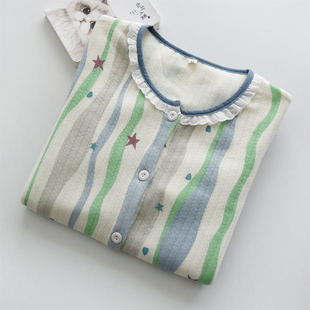 花边领条纹多巴胺睡衣上装 纯棉空气层夹棉保暖家居服上衣 女秋冬季