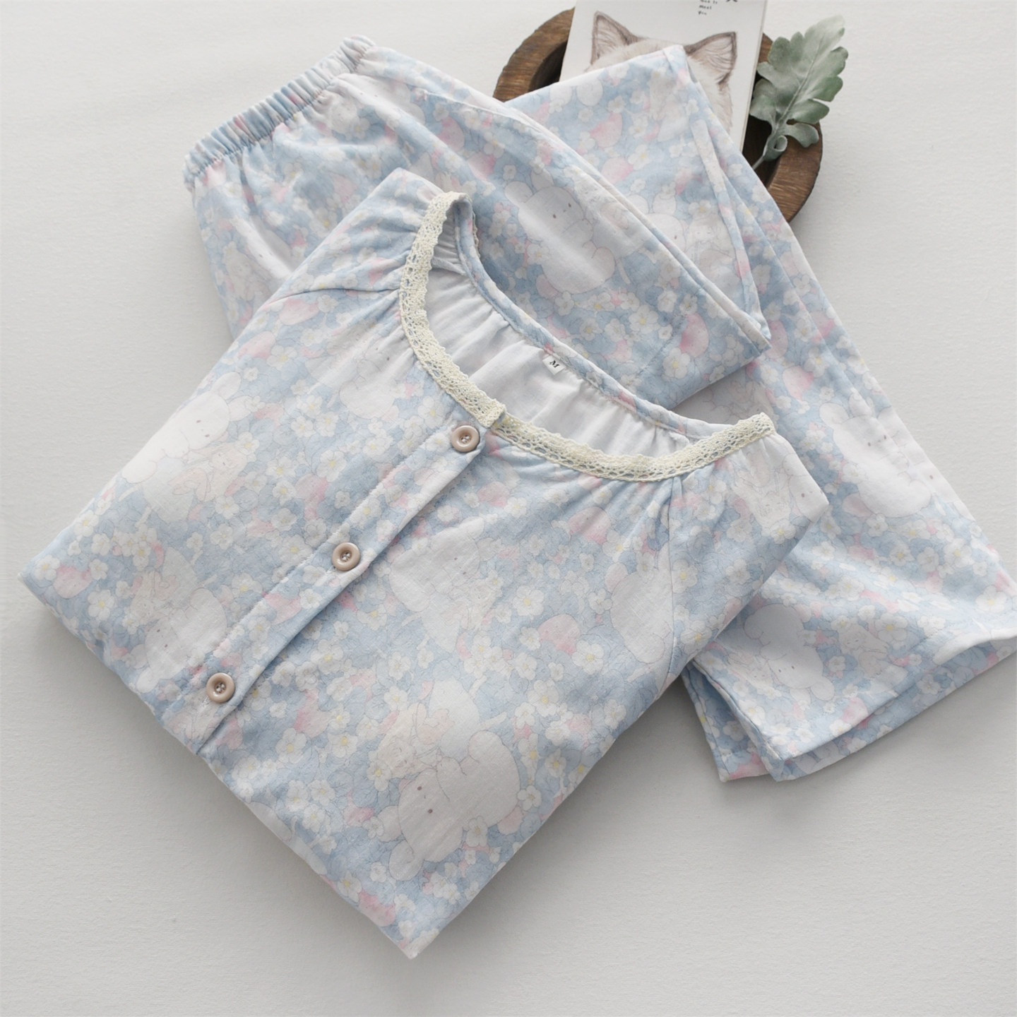 卡通草莓兔带胸垫睡衣女春夏季纯棉纱布双层薄长袖长裤家居服套装,女士内衣/男士内衣/家居服,睡衣/家居服套装,淘宝优惠券,粉丝福利购,淘宝优惠卷