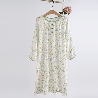 纯棉纱布春夏季田园印花长袖睡裙