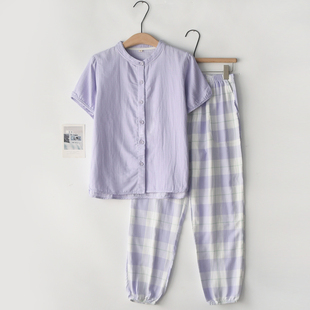 家居服套装 格子无印风睡衣女士春夏季 长裤 短袖 纯棉纱布色织薄款
