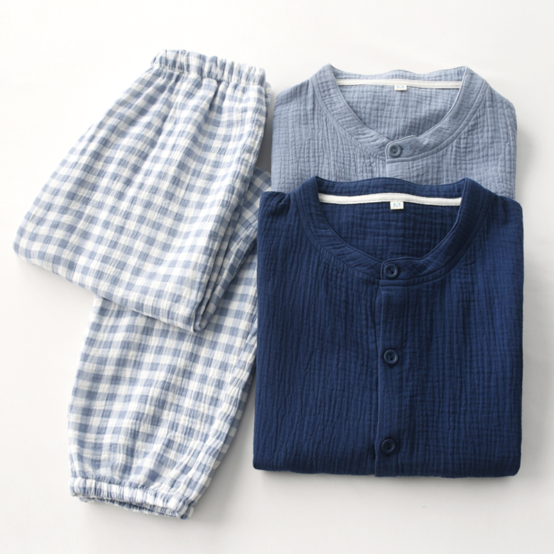 男纯棉纱布无印风夏季短袖长裤