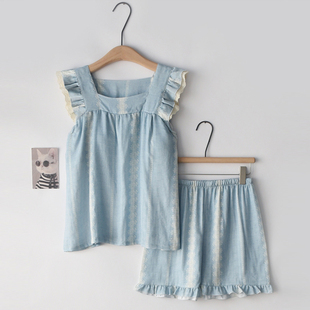 家居服套装 竹纤维凉感薄款 带胸垫睡衣女士夏季 荷叶花边吊带短裤