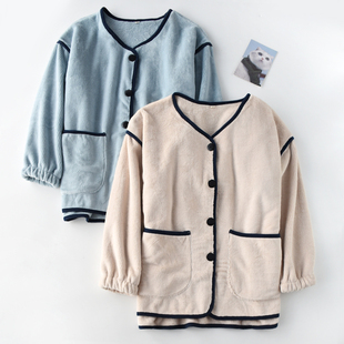 加厚保暖珊瑚绒V领睡衣上装 日系可外穿阳离子家居服女式 秋冬季