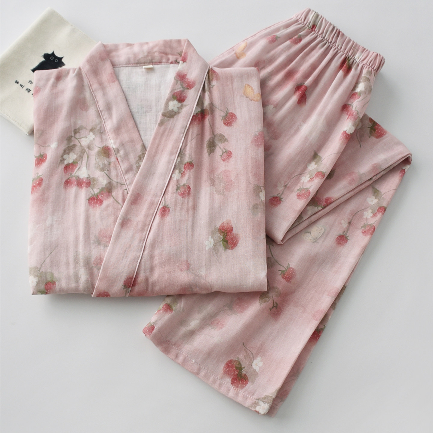 粉色草莓印花汉服睡衣女士春夏季纯棉双层纱布汗蒸和服家居服套装