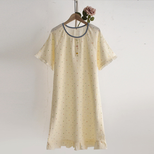 彩色圆点荷叶边睡裙女士夏季 家居服睡衣裙子 纯棉纱布薄款 宽松短袖