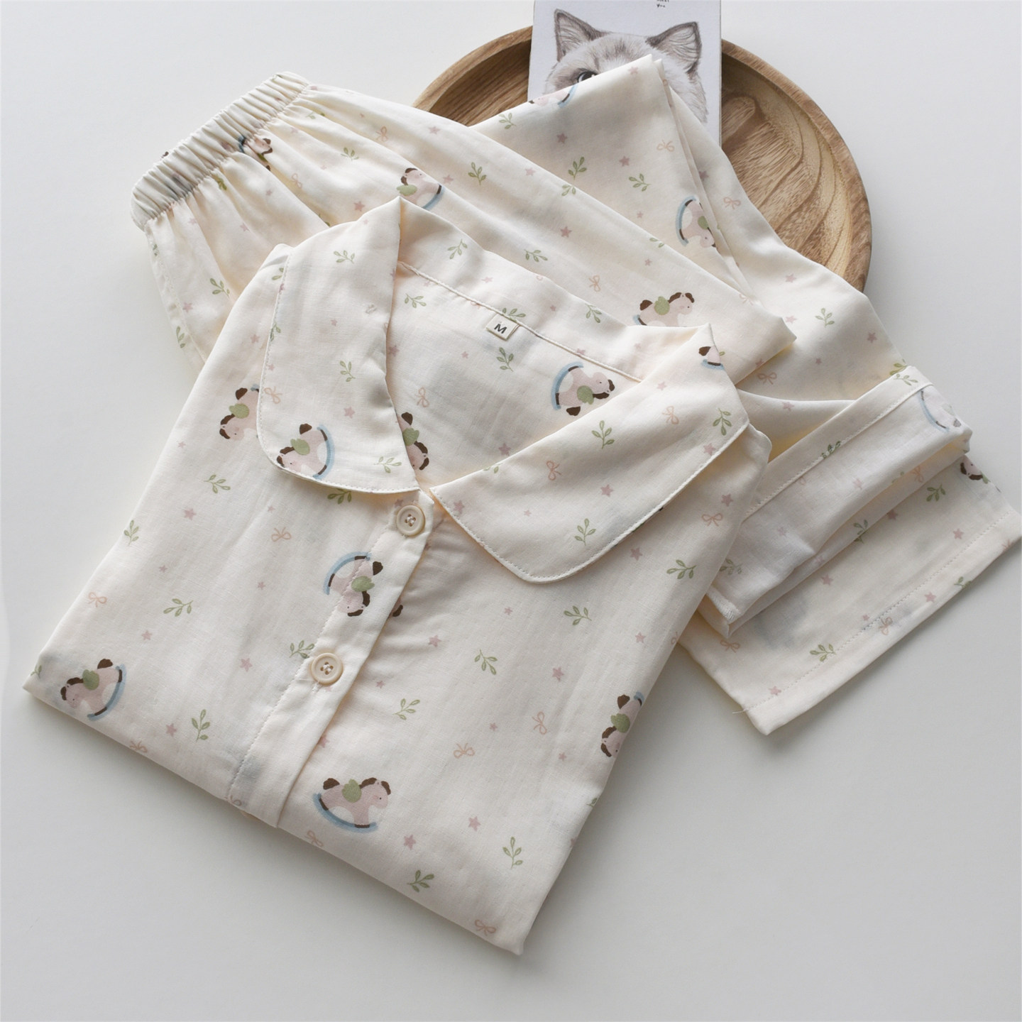 卡通木马印花睡衣女款春夏季纯棉双层纱布薄款短袖长裤家居服套装