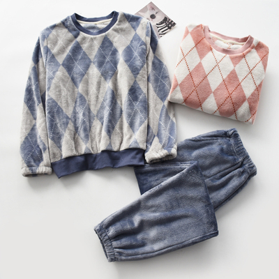 菱形格套头珊瑚绒睡衣