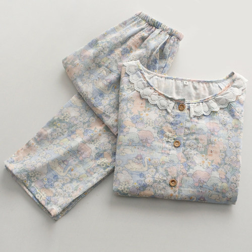 女纯棉纱布甜美花边春夏家居服