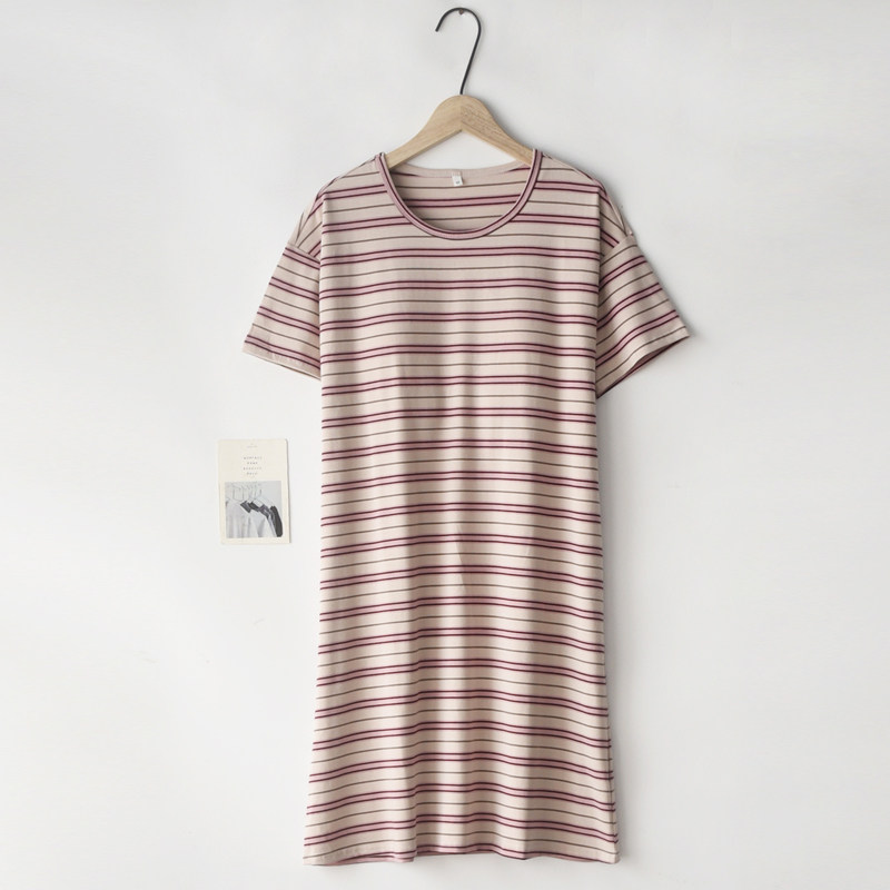 女士夏季带胸垫彩条纹睡裙纯棉莱卡棉睡衣短袖罩杯一体家居服裙子