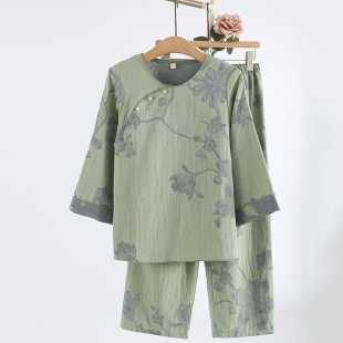 国风玉兰盘扣睡衣女春秋夏季 纯棉纱布提花薄款 宽松长袖 家居服套装