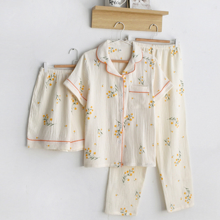 短袖 纯棉纱布薄款 短裤 长裤 优雅印花睡衣女式 家居服三件套装 春夏季