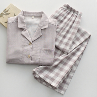 家居服套装 无印风格 情侣长袖 纯棉纱布双层薄款 子睡衣男女春夏季