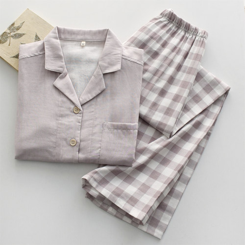 情侣纯棉纱布双层薄款春夏家居服
