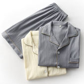 情侣家居服套装 日系文艺风睡衣男女夏季 短裤 宽松短袖 纯棉针织薄款