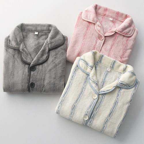 情侣法兰绒条纹秋冬季家居服套装