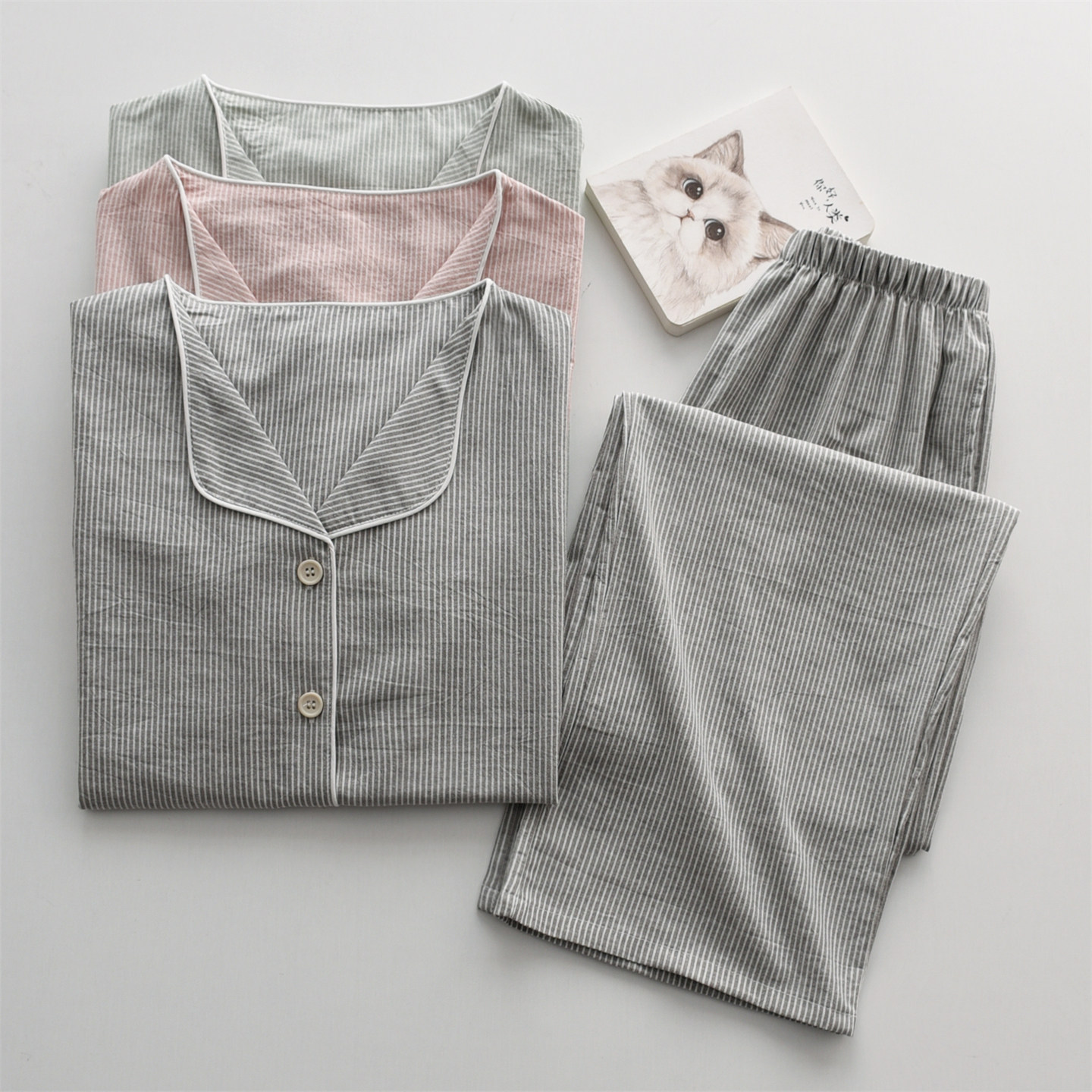 女纯棉水洗棉布春夏条纹家居服套