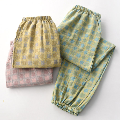 春秋夏季女提花纯棉纱布收口睡裤