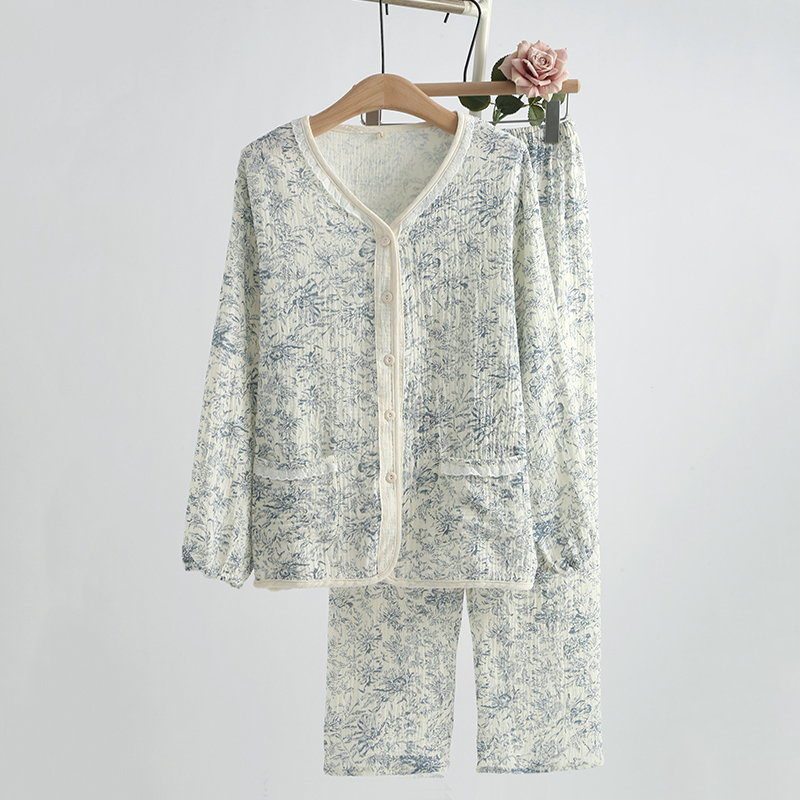 水调蓝墨花边睡衣女士春秋夏季纯棉纱布薄款宽松长袖家居服套装