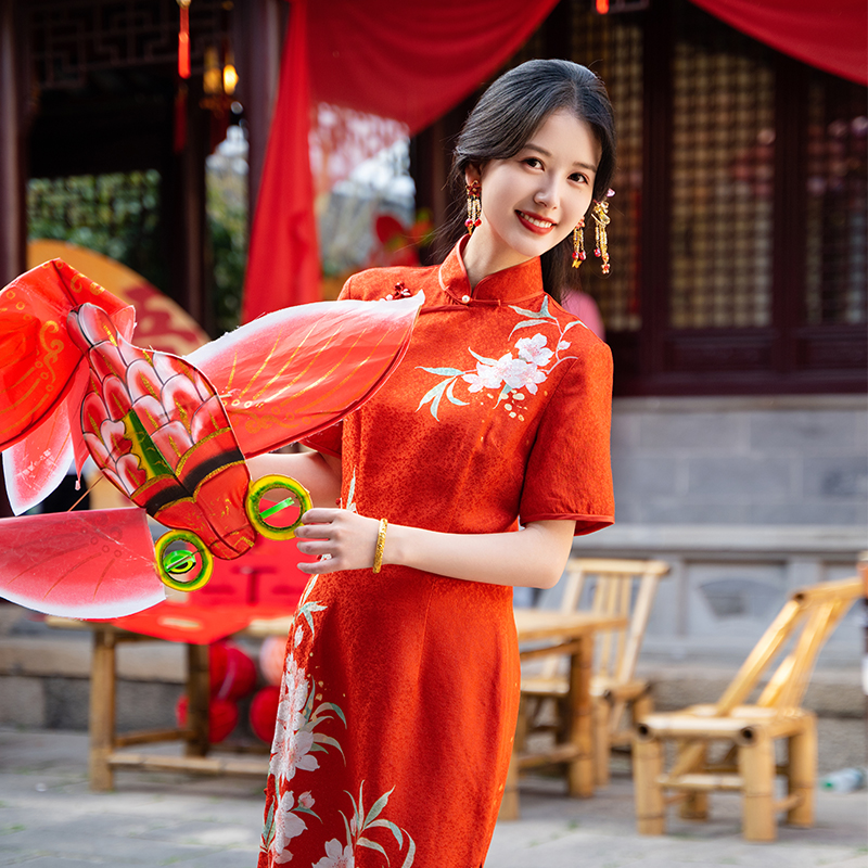 新中式红色旗袍女夏季短袖