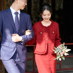 苏爱小香风红色订婚礼裙女秋冬小个子新娘结婚便装敬酒服婚服外套