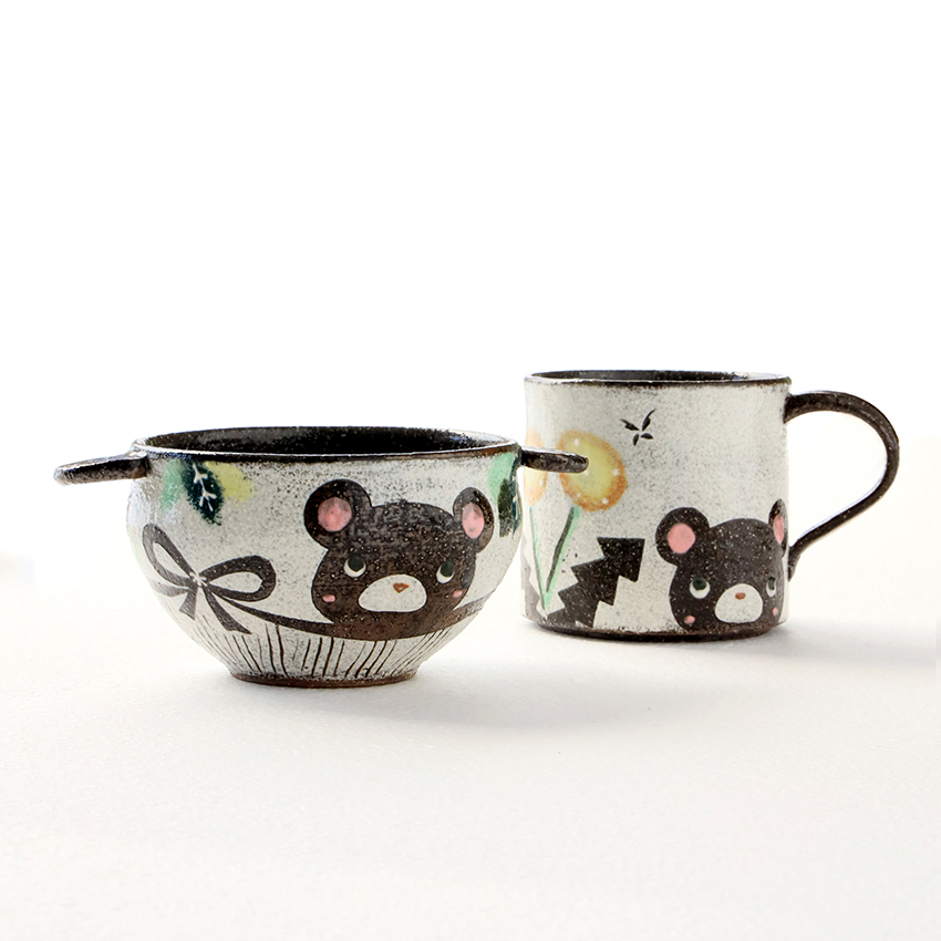 日本陶艺作家奥田茜儿童卡通双耳猫咪小熊碗釉下彩小钵猫咪马克杯