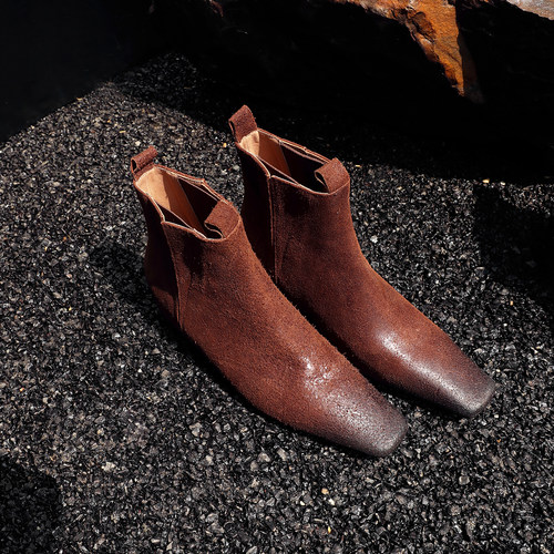 时髦百搭 Vintage擦色头层牛皮真皮短靴子女靴套筒方头内增高坡跟