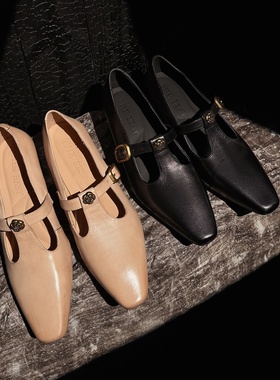 简约文艺 Literary真皮牛皮方头玛丽珍鞋女中跟粗跟单鞋春季新款