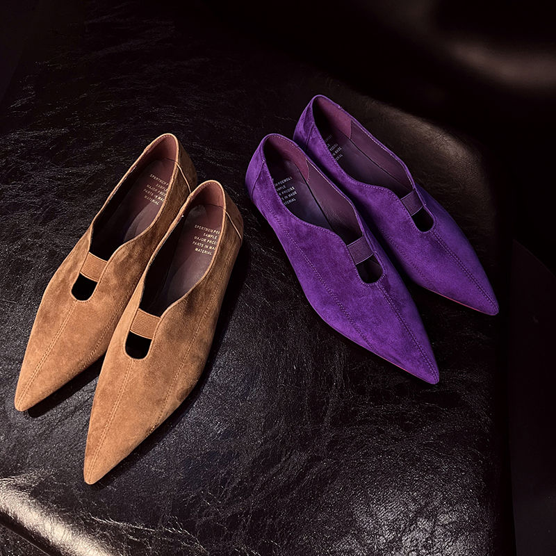 复古百搭 Elegant时尚真皮羊翻皮平底鞋低跟单鞋女鞋浅口潮牌显瘦