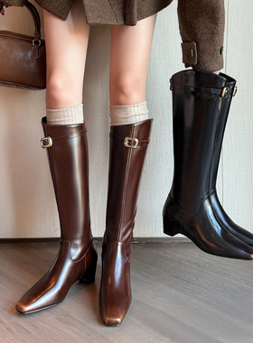 时髦腿精 Simcoe真皮牛皮长筒靴子长靴女方头高筒靴子中筒内增高