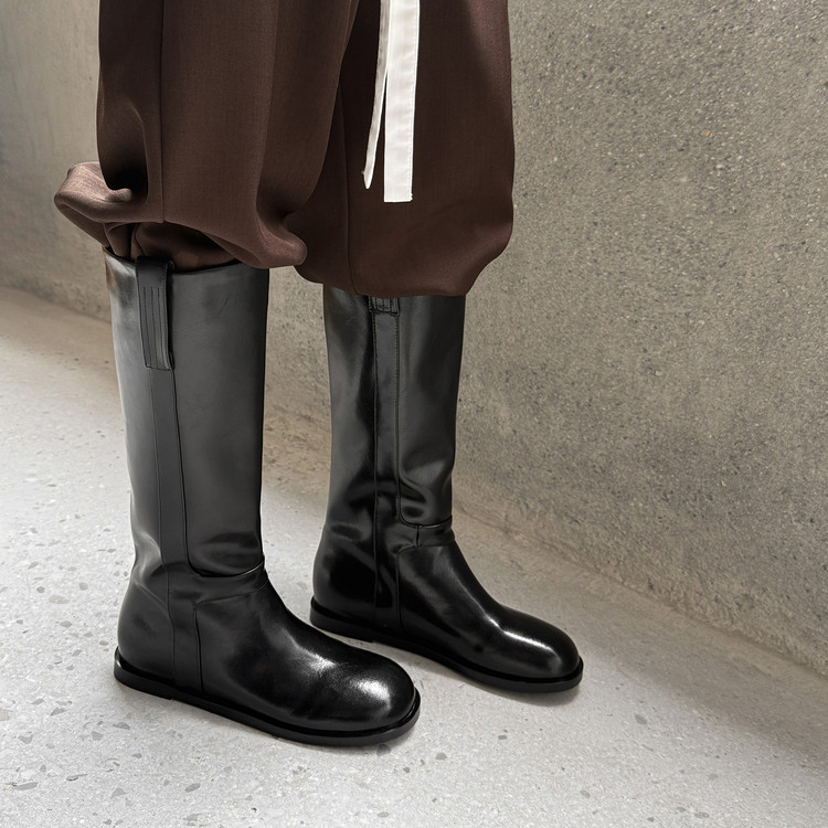 全皮整双 Luscious真皮高筒骑士靴女平底直筒长靴黑色圆头休闲靴
