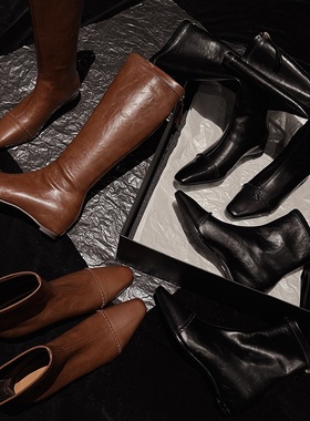 巨显气质 Elegan真皮牛皮高筒靴子长靴女方头粗跟女靴子直筒舒适