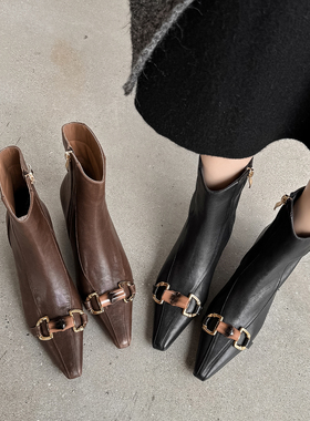 通勤百搭 Minority真皮尖头短靴女金属扣装饰瘦瘦靴后拉链时装靴