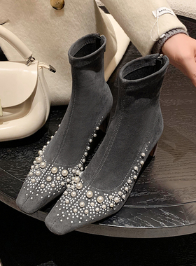 满天星钻 Literary文艺短靴方头弹力靴瘦瘦靴绒面真皮高跟女靴子