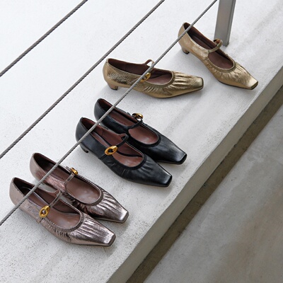 精致复古 Minority真皮牛皮方头褶皱玛丽珍鞋女一字扣浅口单鞋