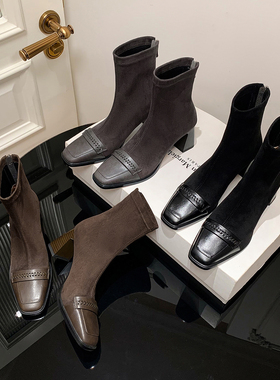 复古高街 Elegan秋冬真皮牛皮短筒靴子短靴女靴子方头粗跟弹力绒