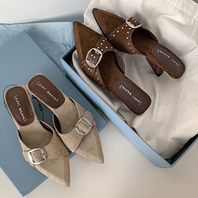 轻熟复古 Literary牛反皮真皮尖头一字拖鞋凉鞋外穿穆勒鞋中跟鞋